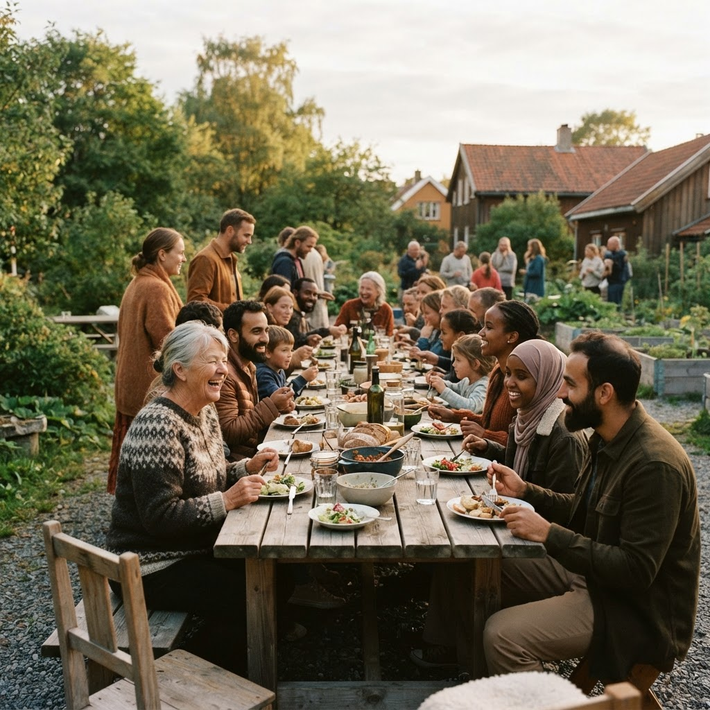 Neighbors sharing food and conversation around a community table