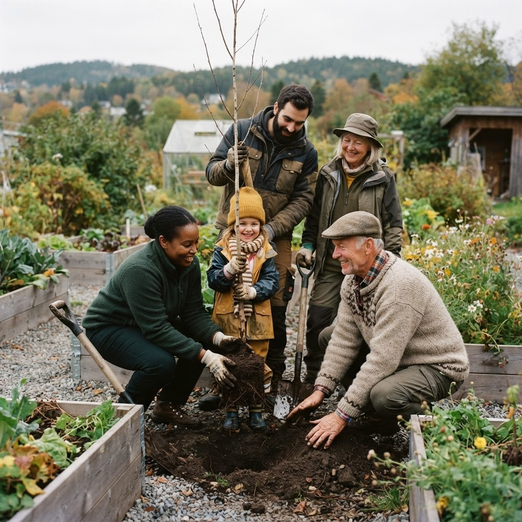 Volunteers and a child planting a tree together