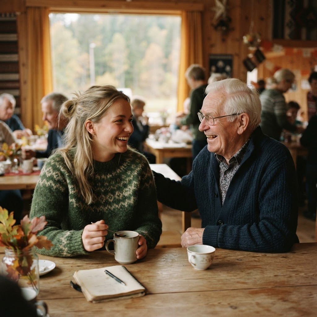 A volunteer speaking with an older neighbor at a community table